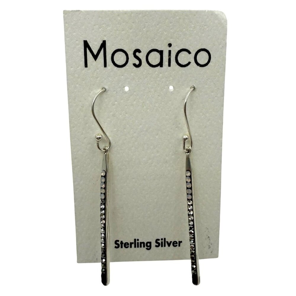 Sterling Silver Long Bar Drop Earrings 1.5 in Black White Ombre Handmade Mosaico